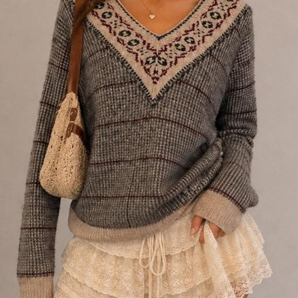 VTG Polo Ralph Lauren Fair Isle Wool V-Neck Sweater Cottagecore Grandpa Cozy XL